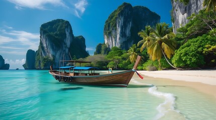 Obraz premium Serene thai longtail boat anchored in crystal clear turquoise waters off a tropical island beach with towering limestone cliffs