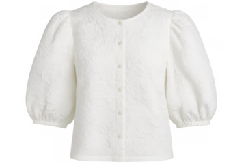 Studio shot of a fashionable white blouse featuring puff sleeves and an embossed floral pattern, isolated on a transparent background