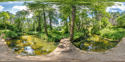 360 hdri panorama on path in ravine among deciduous forest near river and bridge in equirectangular spherical seamless  projection, VR AR content