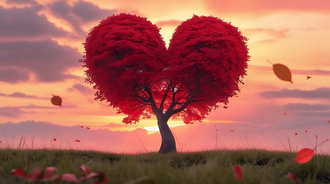 A majestic heart shaped tree stands tall against a fiery sunset sky with falling leaves symbolizing love and romance