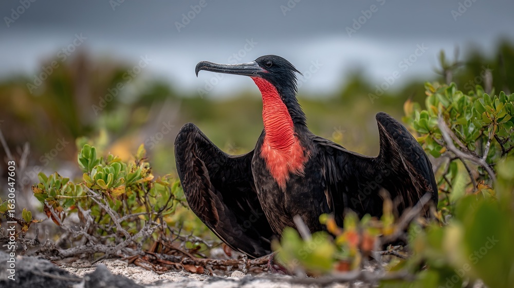 Poster a bird with a red head and black body resting on grass, surrounded by trees in the background