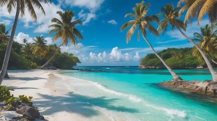 Fototapeta premium Idyllic tropical paradise beach with crystal clear turquoise waters and lush green palm trees under a bright blue sky