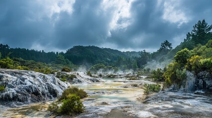   A steaming hot spring surrounded by towering trees