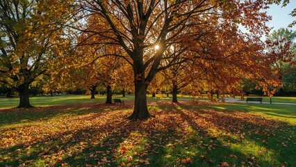 A peaceful autumn park bathed in warm golden sunlight, with colorful fallen leaves covering the ground, tall trees glowing in vibrant shades of orange and yellow, creating a serene 