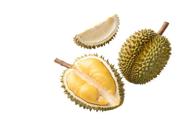 Fototapeta premium Ripe durian fruit with spiky exterior and yellow flesh isolated on transparent background image
