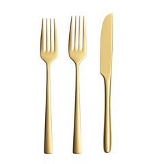 Elegant golden cutlery set of forks and knife placed against a transparent background