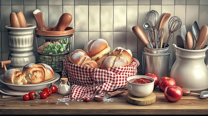 A cozy home bakery filled with baking tools, ingredients, and the warm smell of fresh bread and pastries.

