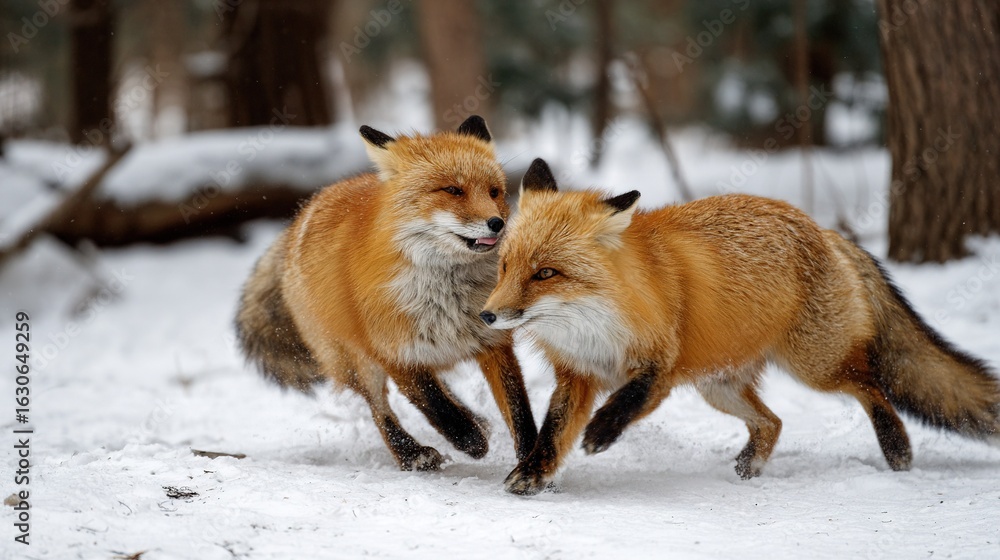 Poster two foxes run in snow in front of a tree, surrounded by trees