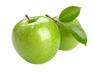 Fresh green apples with dew drops and green leaves for healthy eating and nutrition inspiration