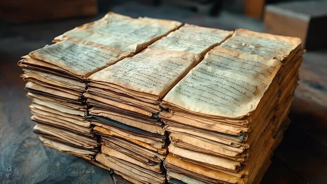 Vintage Stack of Handwritten Documents on Aged Wooden Surface, Evoking History and Mystery