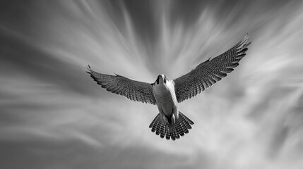 Fototapeta premium A monochrome image shows a bird soaring through the clouds, its wings fully extended