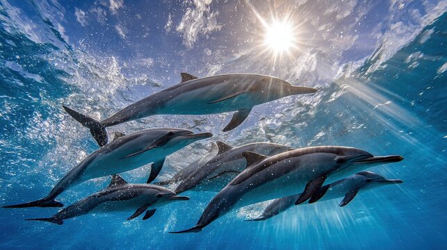  A group of dolphins swimming in the sunlit ocean, with shimmering rays illuminating their playful movements