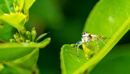 Fototapeta premium Tiny spider perched on a vibrant green leaf, surrounded by foliage