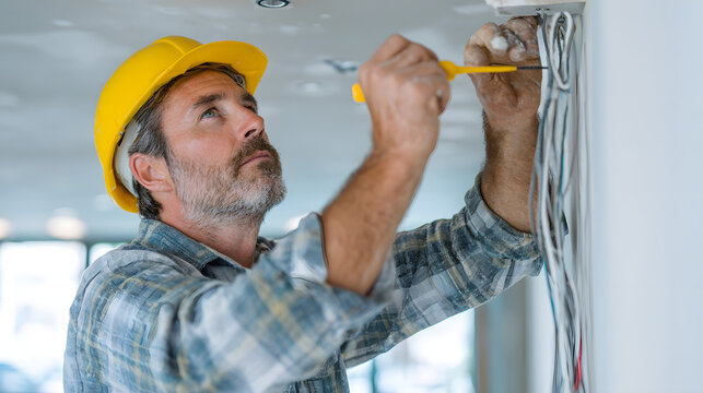 Electricians testing ceiling fixtures. - Powered by Adobe