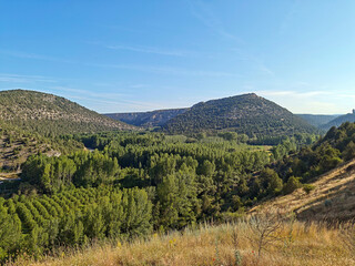 Lush valley of Ucero River viewed from castle heights in Spain