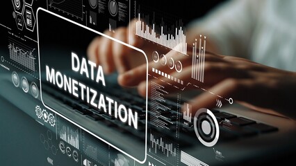 Hands Typing on Keyboard Surrounded by Data Monetization Graphics and Analytics in a Digital...