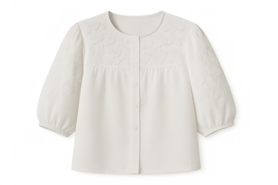 Elegant white blouse with voluminous puff sleeves, intricate embroidery detailing, showcasing feminine design against transparent background