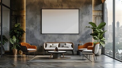 Modern Loft Interior Blank Frame Concrete Wall City View