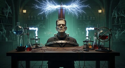In a dark, gothic laboratory, Frankenstein's monster is brought to life by powerful electrical currents from a machine above.