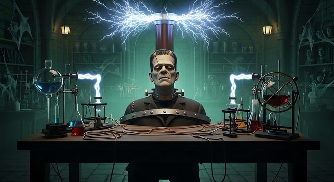 In a dark, gothic laboratory, Frankenstein's monster is brought to life by powerful electrical currents from a machine above.