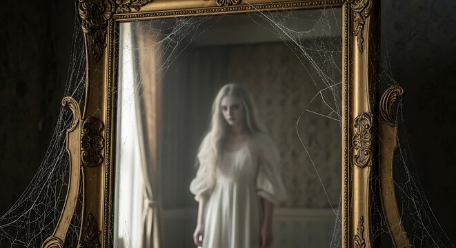 A ghostly woman with long white hair stares from a cobweb-covered ornate mirror in a dark, haunted room.