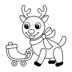 Obraz premium Printable Smiling Reindeer Pulling Sled Black Outline