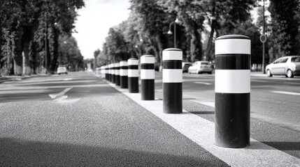 A row of bollards standing tall beside a road on a sunny day, providing a visual barrier and safety measure. Traffic flows smoothly along the street.
