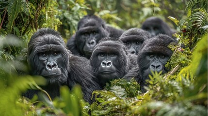 Obraz premium A group of gorillas posing in a forest, with open mouths and focused on the camera
