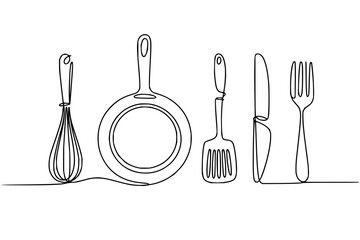 Continuous line drawing of kitchen utensils, cooking tools, whisk, pan, spatula, knife and fork art