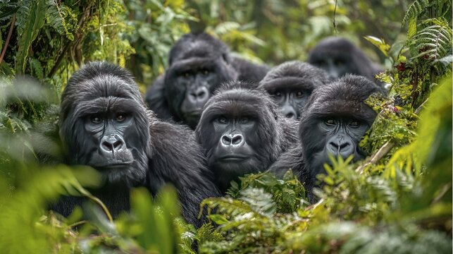   A group of gorillas posing in a forest, with open mouths and focused on the camera