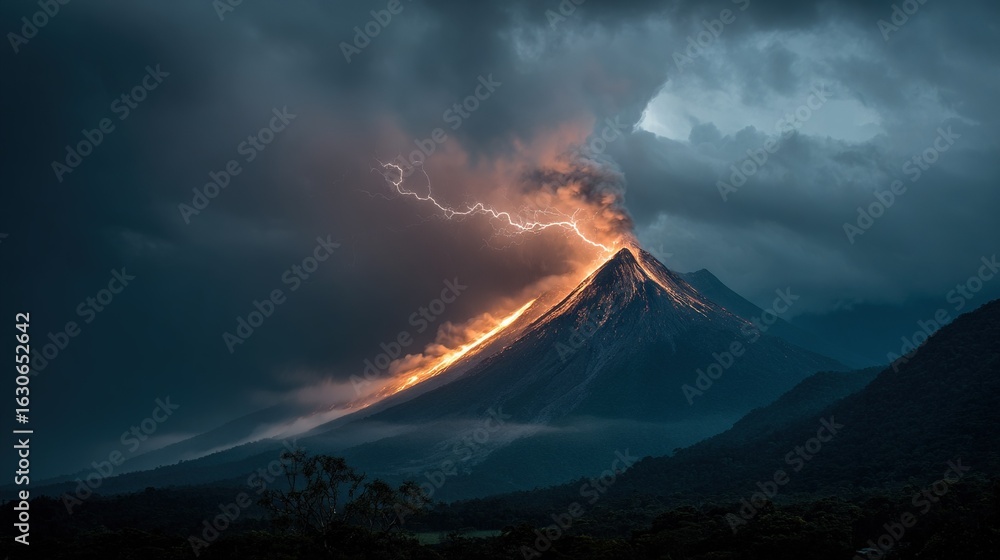 Poster a towering peak crowned with a thunderbolt emerging from its dense cloud coverage