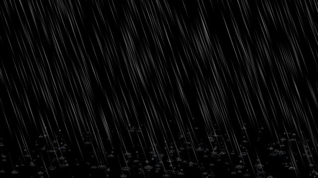 Fast rain with water drops splashes loop animation effect, heavy rainfall vfx overlay, rain falling animation effect on black background 4k video
