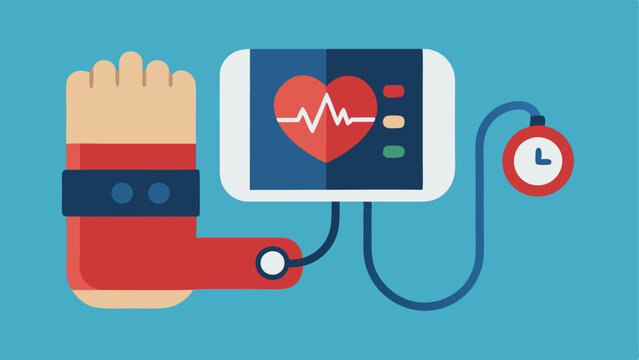 Blood Pressure Reading A wearable cuff wrapped around a patients arm featuring a digital display showing systolic and diastolic pressure with a heartbeat symbol.