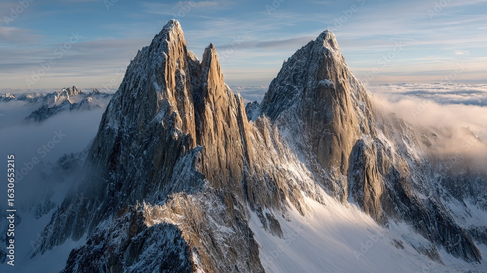 Aufkleber a cluster of snow-capped mountains beneath a clear blue sky, framed by wispy clouds in the foregroun