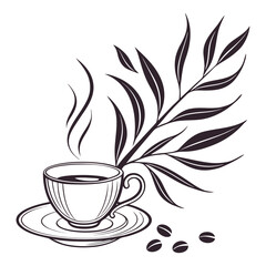 Cup of Coffee and Tea with Floral Design on White Background