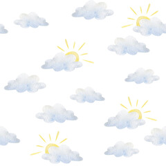 Watercolor pattern with clouds and sun. Seamless print children on the background for textile design, packaging, wallpaper, clothes, birthday, card.