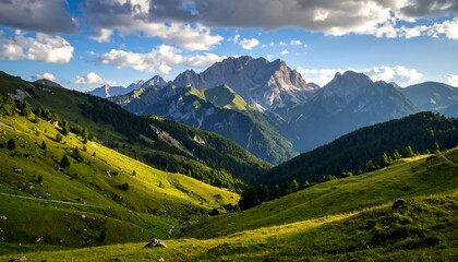 Obraz premium Alpine valley landscape at sunset