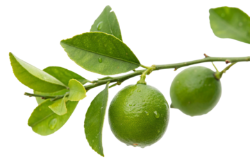 Fresh green limes with vibrant leaves isolated on white background for healthy lifestyle concept