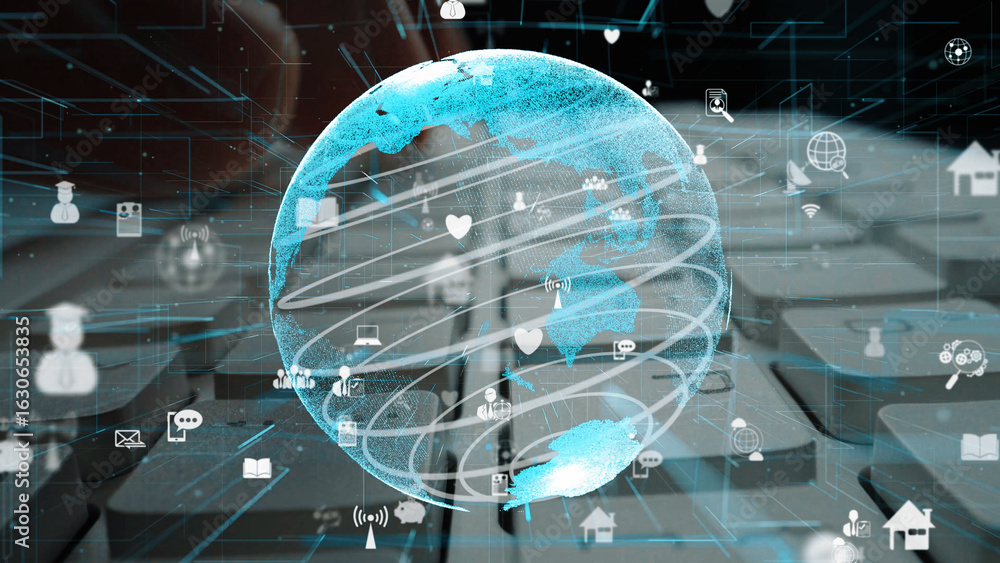 Poster visual representation of a digital globe surrounded by various technology icons, symbolizing global 