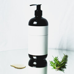 Amber glass dispenser bottle with blank label and rosemary branch on reflective surface