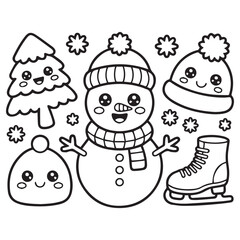 Fototapeta premium Cute Winter Snowman and Christmas Elements Line Art Set