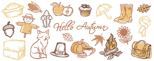 Hand-drawn vector set of autumn elements: pumpkin, pie, fox, boots, fire, leaves, sunflower, acorn, scarecrow, and &ldquo;Hello Autumn&rdquo; text. Cozy fall clipart for seasonal design projects