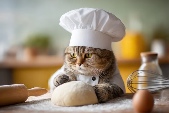 Cat chef kneading dough wearing chef hat and jacket