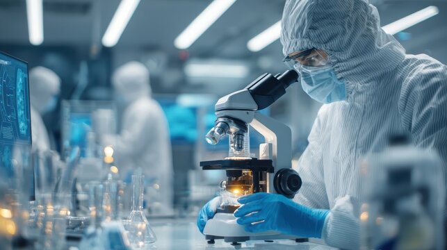 Scientist in full PPE using a microscope in a high-security lab. Virus research or vaccine development.