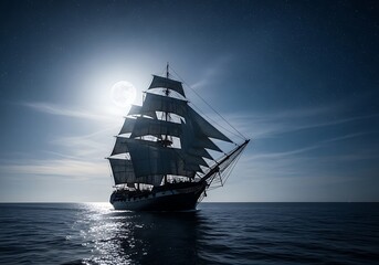 Majestic sailing vessel under a luminous moonlit sky.