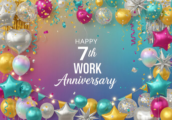 Celebrate a happy 7th work anniversary with colorful balloons and confetti!