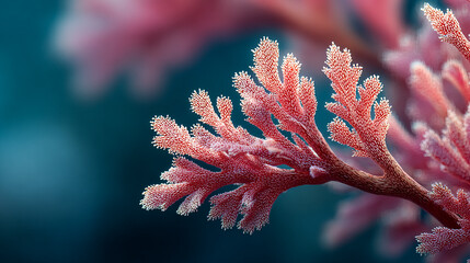Red seaweed grows in deep ocean water. Macro shot, detailed texture. Nature concept for biology, design, and marketing.
