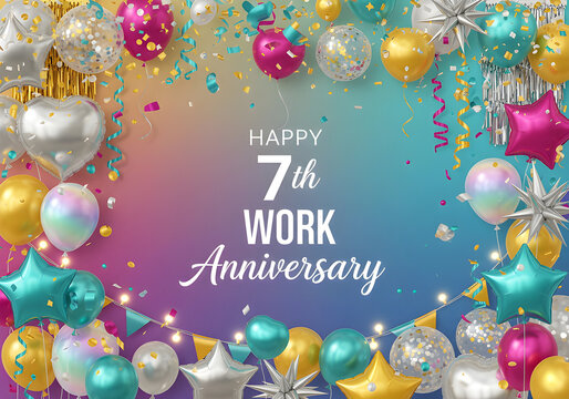 Celebrate a happy 7th work anniversary with colorful balloons and confetti!