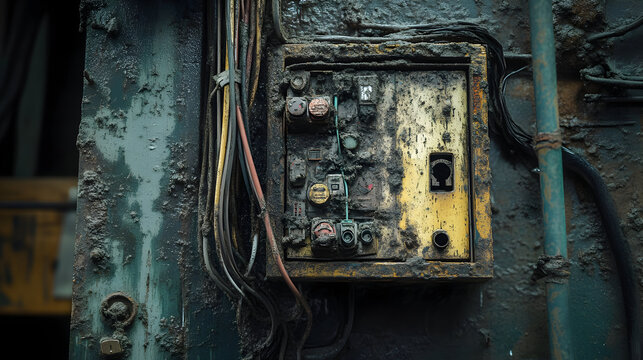 Weathered industrial electrical panel depicting advanced corrosion and decay