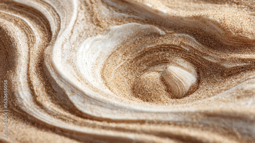 Poster a close-up of a sandy texture with a white circle centered on the sand and a light brown circle in i